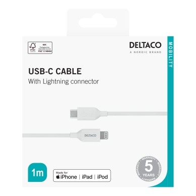 DELTACO alt Deltaco Ladekabel USB-C til Lightning, 1 m, hvit