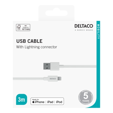 DELTACO alt Deltaco Ladekabel USB-A til Lightning, 3 m, hvit